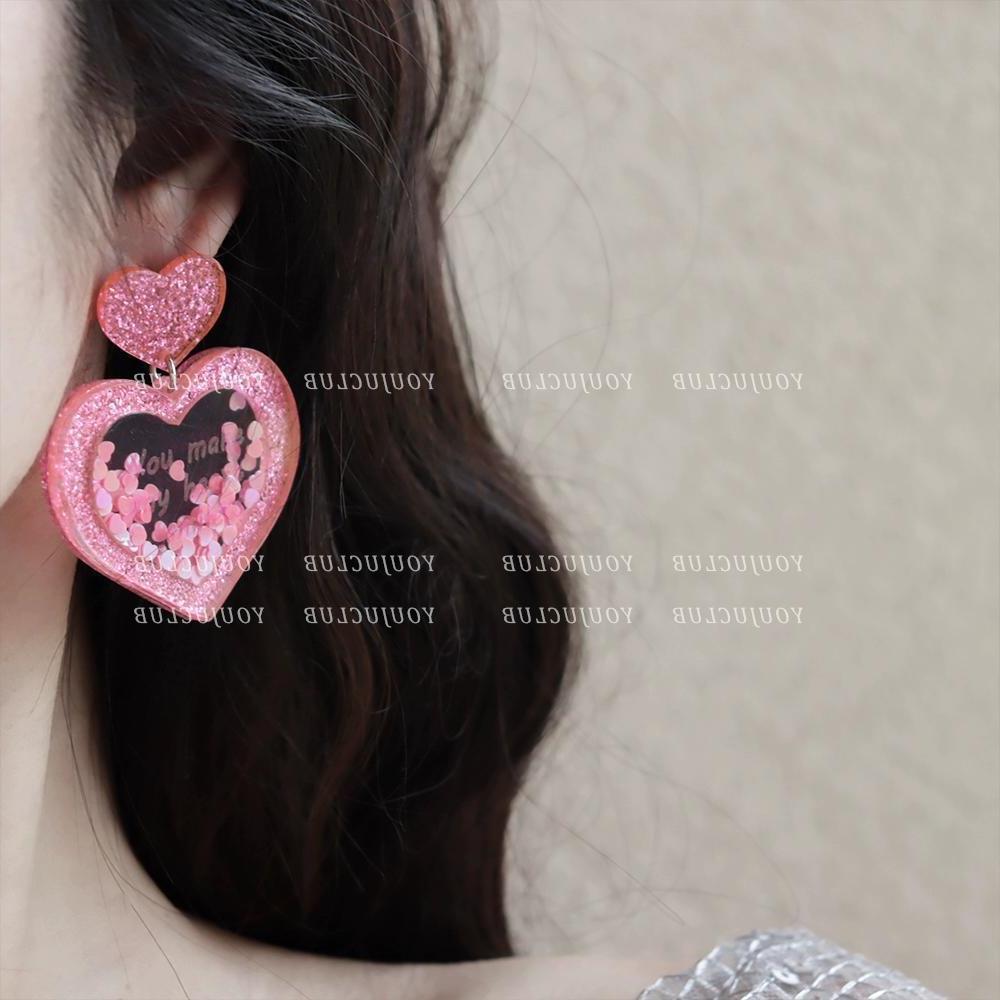 Wholesale Valentine's Day love earrings acrylic three-dimensional sequins quicksand peach heart earrings sweet personality fashion retro